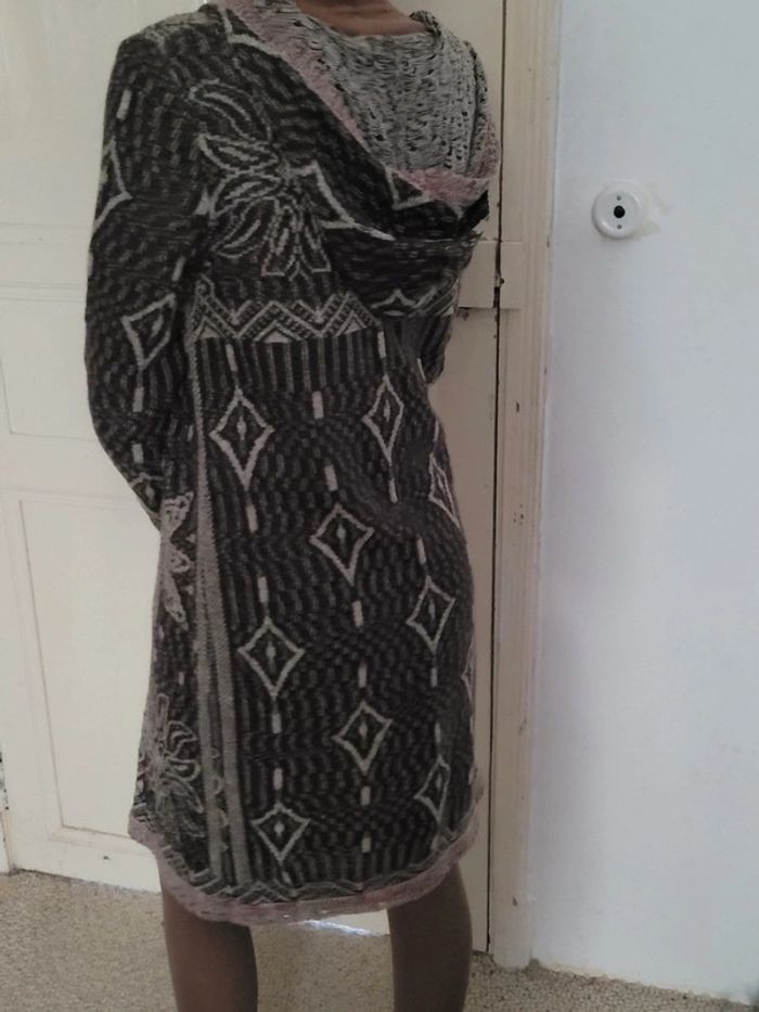 Veste gilet long à capuche en maille, marron et beige - photo numéro 2