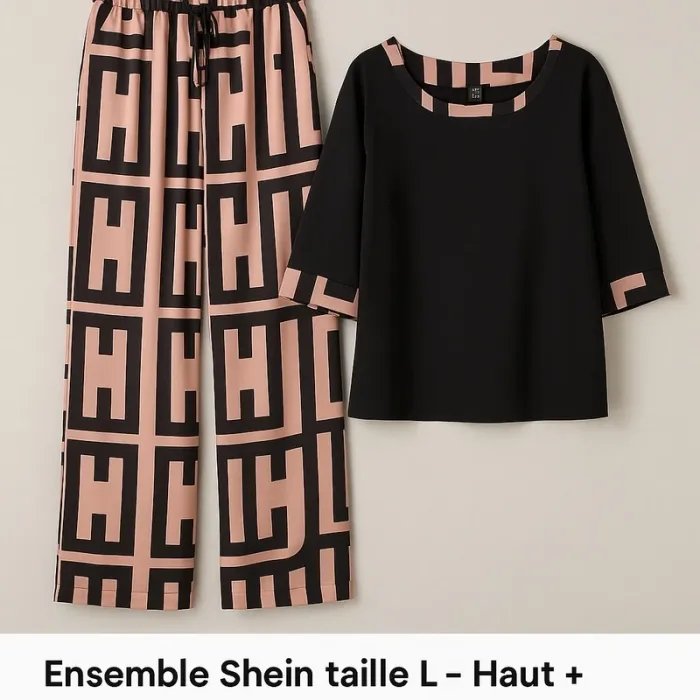 Ensemble Shein taille L – Haut + pantalon fluide à motif graphique
