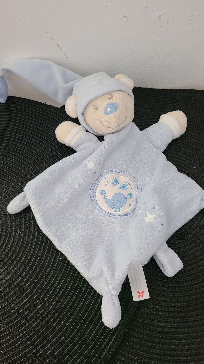 Doudou plat losange ours bleu ciel oiseau NICOTOY - photo numéro 3