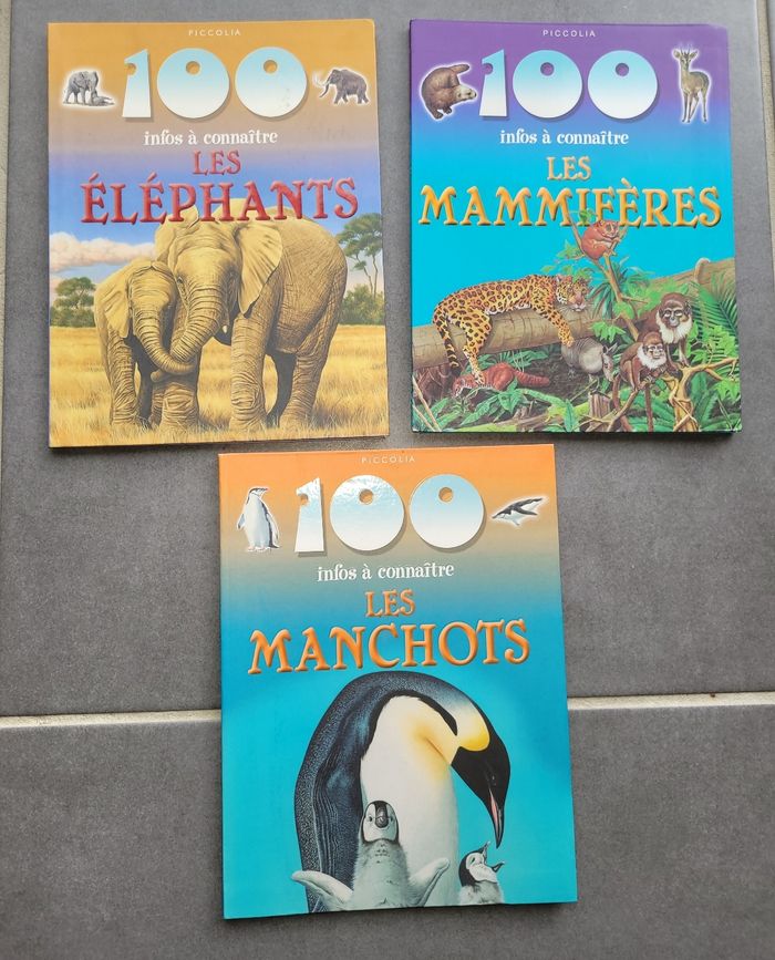 Lot de 3 livres 100 infos à connaître les mammifères les manchots les éléphants piccolia très bon état