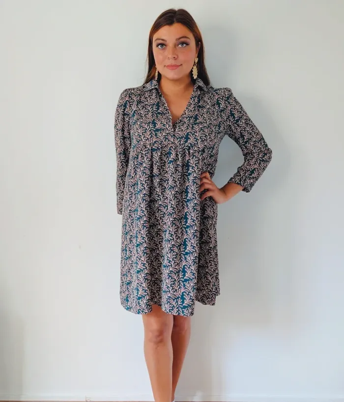 Robe courte trapèze vert foncé fleurie casual chic charlior taille 40 - photo numéro 3