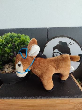 peluche âne marron noir blanc donkey ancien vintage bleu licol Cheval Nem 3473