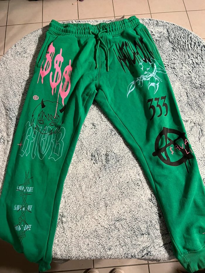 Pantalon jogging vert et rose