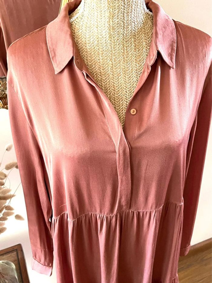 Robe Rose satinée plissée à Manches Longues - Zara - Taille XL - photo numéro 9