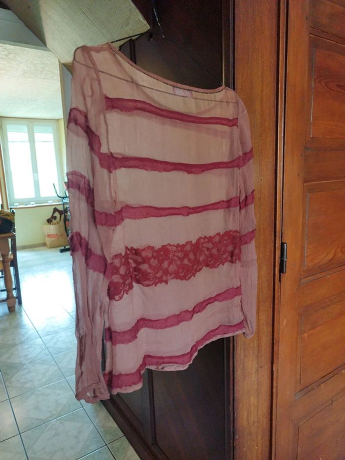Top blouse rose dentelle col perles vintage M/38 - photo numéro 13