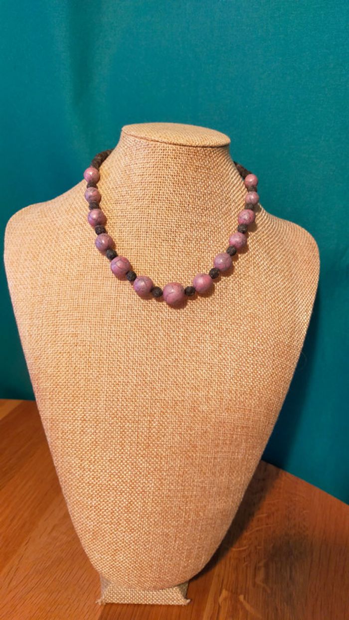 Collier vintage – Perles artisanales en pâte polymère marbrée & pierre volcanique - photo numéro 10