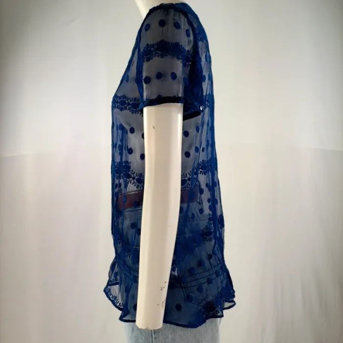 Blouse transparente bleue brodée en soie – Cacharel Paris T.38 A1159 - photo numéro 3