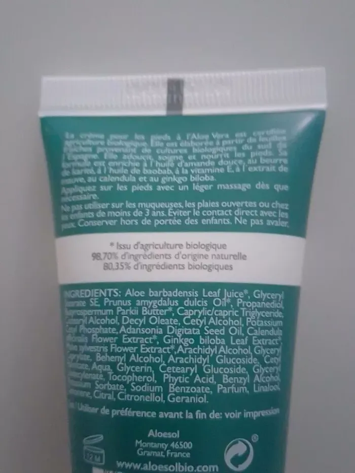 Crème pieds à L'aloé Vera- 50ml- Neuf -aloesol - photo numéro 3