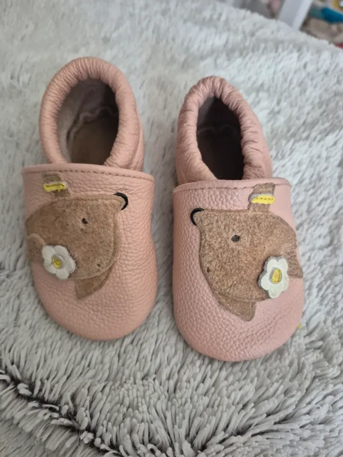 Chaussons bébé TAZ Maguy la Souris – 100 % cuir – semelle antidérapante – rose