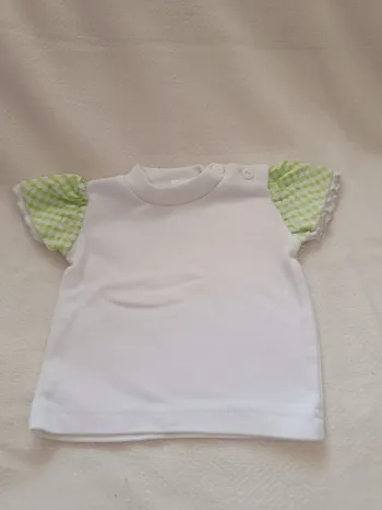 🎀 jolie t-shirt blanc épaulettes verte a carreaux taille 0/3 mois 🎀