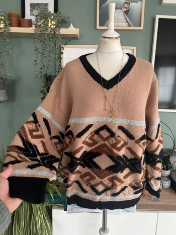 Pull en maille épaisse marron Camel noir gris argenté taille M/L col V ample laine