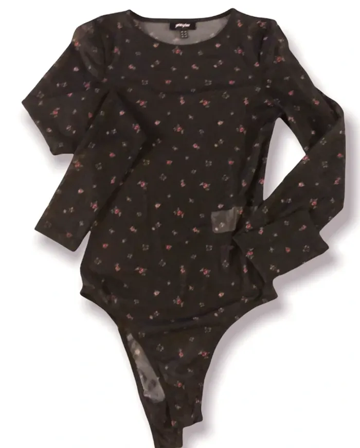 Body transparent noir fleuri longues manches