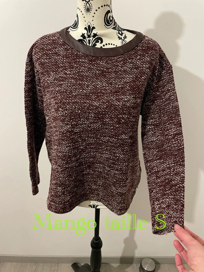Pull à manches longues bordeaux chiné blanc col et côté en similicuir mango taille S
