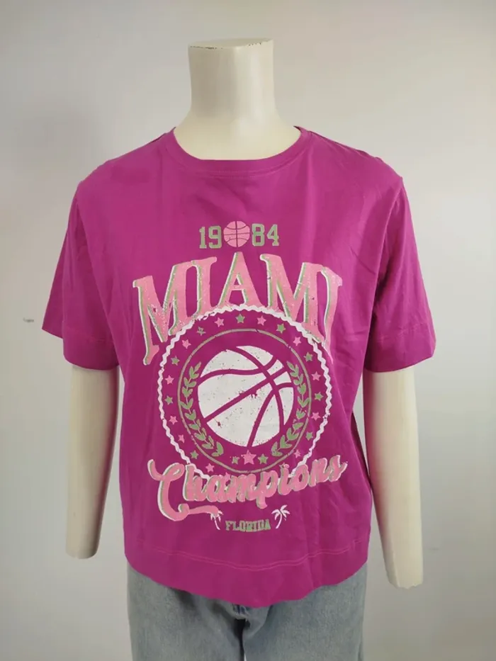 Tshirt fushia taille 38 - CMT - Basket 90's Miami Champions Florida Vintage effet - A985 - photo numéro 2