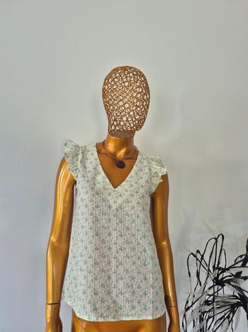 Blouse Manches Courtes Verte et Crème Femme Taille S/36