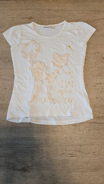T shirt blanc à manches courtes avec chat, Mexx,9/10 ans