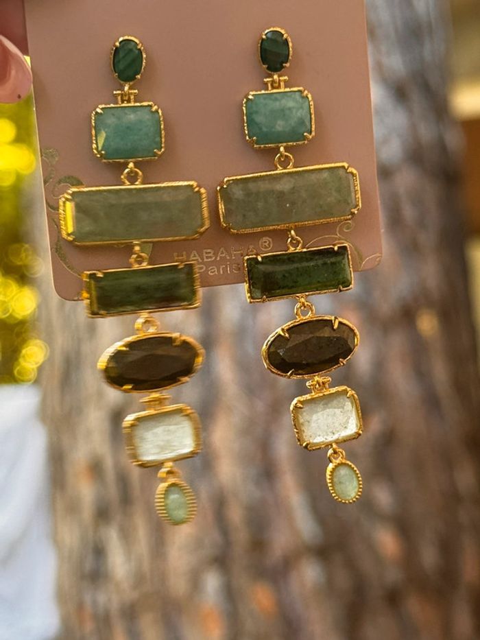 Grosse boucles d’oreilles habaha Paris acier inoxydable or jade malachite amazonite - photo numéro 3