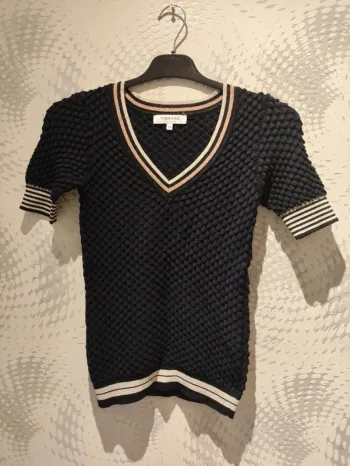 T-shirt Morgan Noir Maille 3D Col V à Bandes Sport Chic et paillettes XS