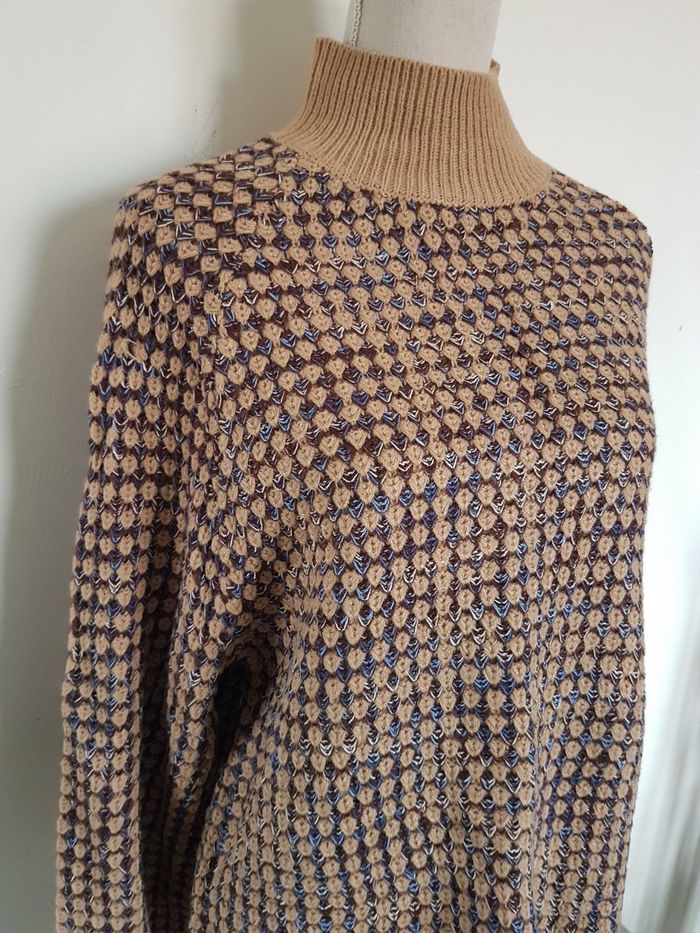 Pull col montant, beige, marron, bleu, aisselles 58 cm, boutique privée, taille XL(44) - photo numéro 2