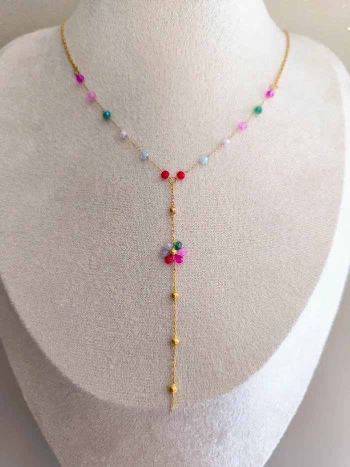 Pendentif doré en Y avec fleur marguerite et perles multicolores - photo numéro 2