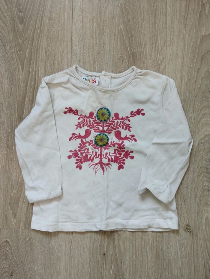 T-shirt manches longues blanc motif oiseaux fille 18 mois