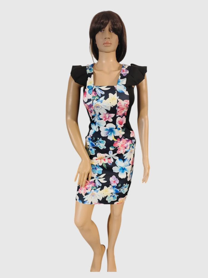 Robe Quiz Noire à Fleurs Colorées, Taille M