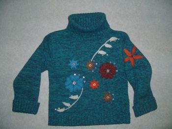 PULL à col roulé, vert avec décor fleurs
