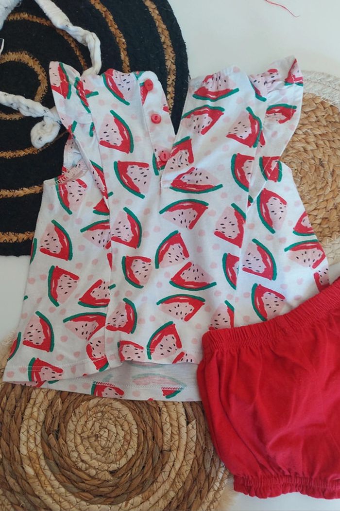 Ensemble pastèque 🍉 fille tee-shirt débardeur manches courtes avec short - photo numéro 2