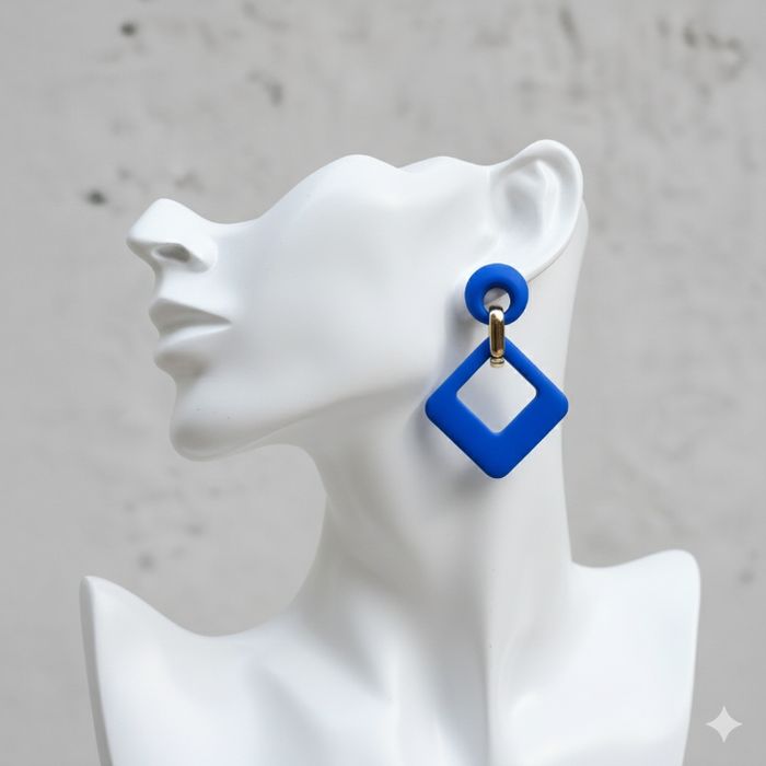 🌹💎pièce unique boucles d’oreilles pendantes bleu roi géométriques - photo numéro 3