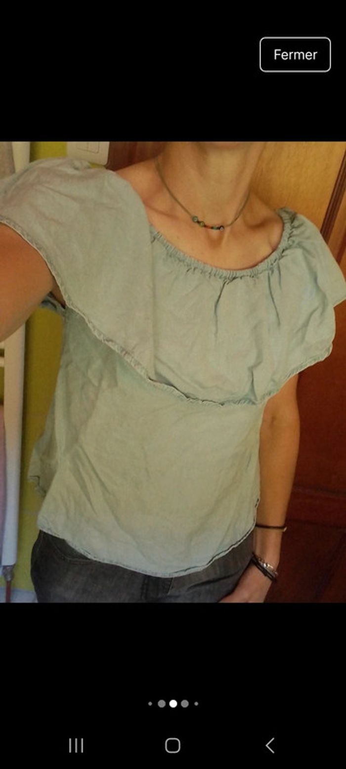 T-shirt épaules dénudées femme bleu clair aspet jeans - photo numéro 4