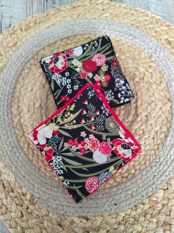 10 lingettes lavables - floral asiatique noir et rouge