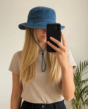 Chapeau unisexe bleu effet denim avec cordon neuf