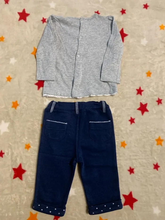 Ensemble Rentrée Tissaia T-shirt Gris à Dentelle & Pantalon Bleu Marine 9 Mois - photo numéro 2