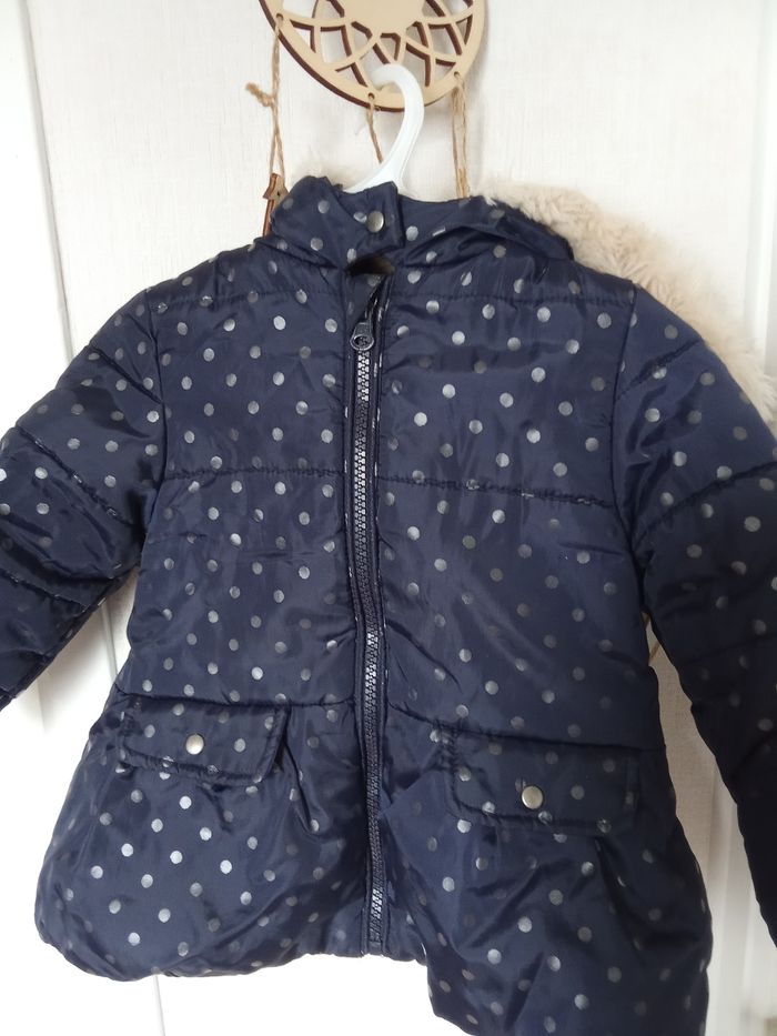 Manteau long, ,veste, doudoune  hiver bébé fille capuche 12 mois, 1 an, marine,  blanc, motifs, chaude, capuche 12 mois - photo numéro 3