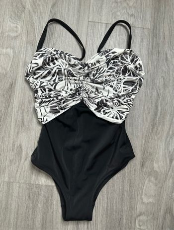 Maillot de pain push-up une pièce à fleurs noir blanc et gris rétro pin-up Vintage T40/42 L/XL