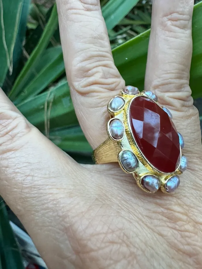 Grosse bague habaha Paris cornaline pierres d’eaux douce acier inoxydable or - photo numéro 3