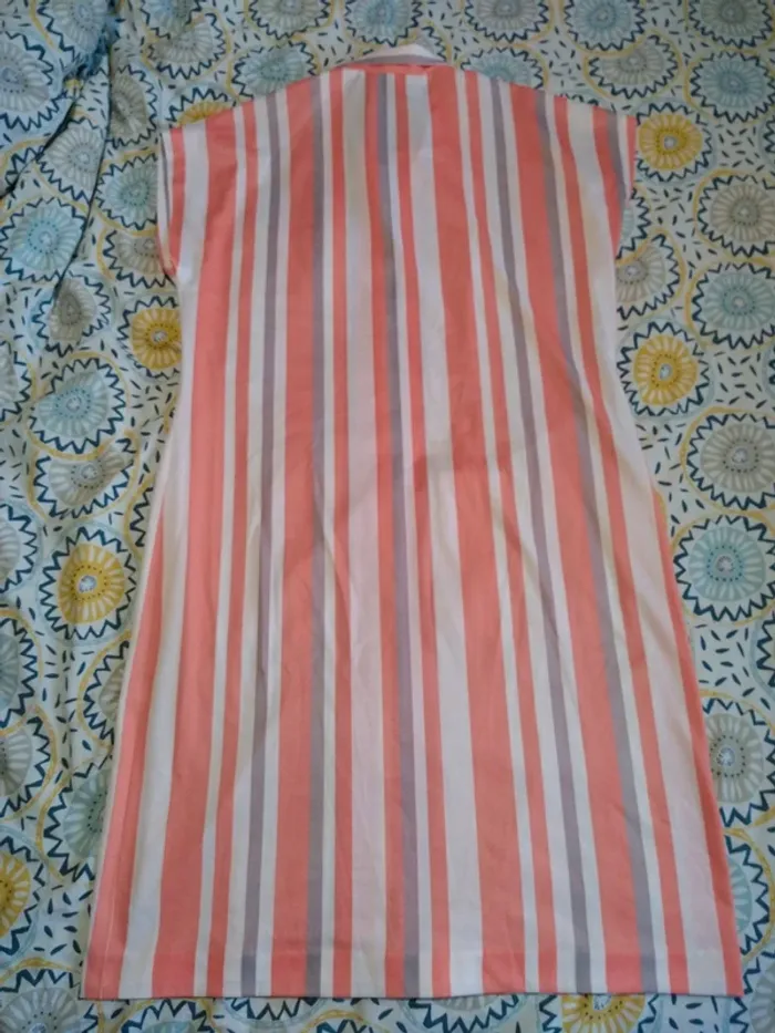Robe rayée rayures printemps été corail gris vintage bouton - photo numéro 5