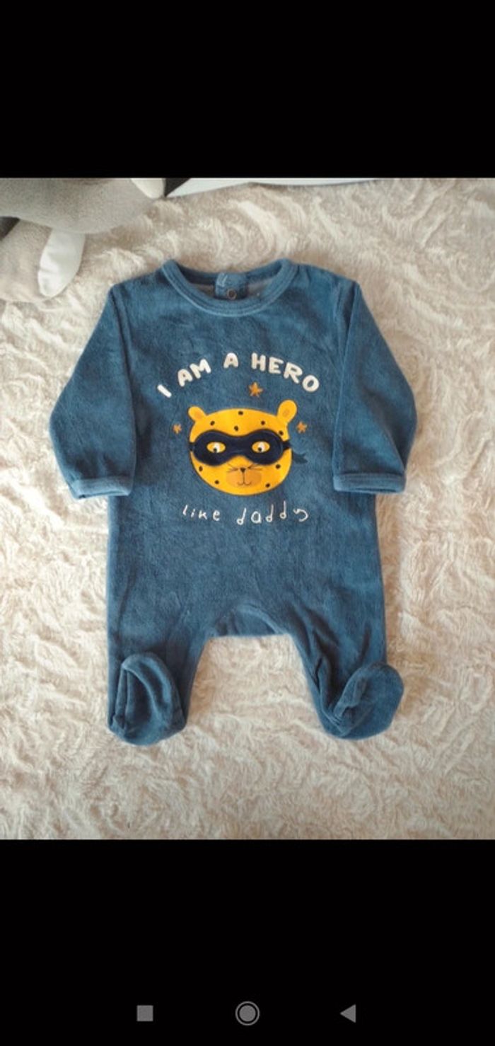 Pyjama grenouillère velours Garçon 1 mois hero like Daddy Papa Ours masqué Eco conception coton bio - photo numéro 2