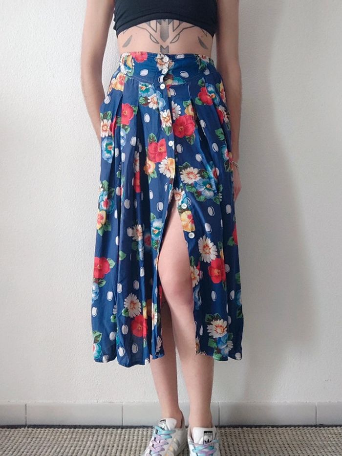 Jupe longue évasée bleu fleur multicolore vintage 70-80 / René Derhy - 34/XS à 36/S