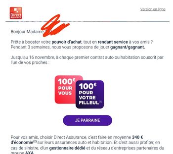 Parrainage direct assurance 100€ à gagner