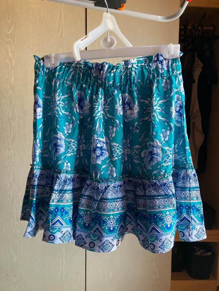Superbe ensemble vintage jupe patineuse top crop réglable bleu turquoise fleurs - photo numéro 6