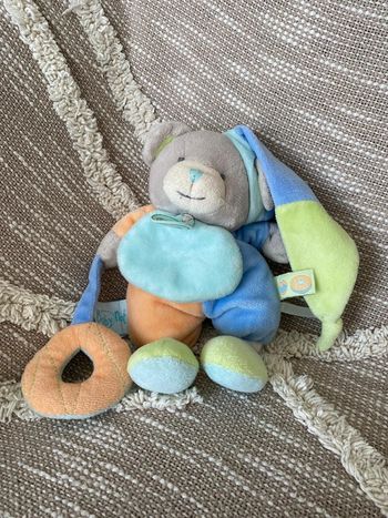 Peluche doudou babynat Ours arlequin gris orange bleu et vert très bon état