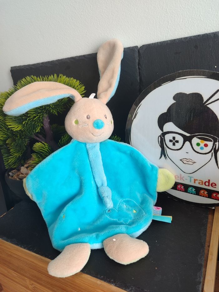 Doudou Knuffel Lapin Sucre D'orge Tortue Bleu Mouchoir Plat Vert Marron Beige