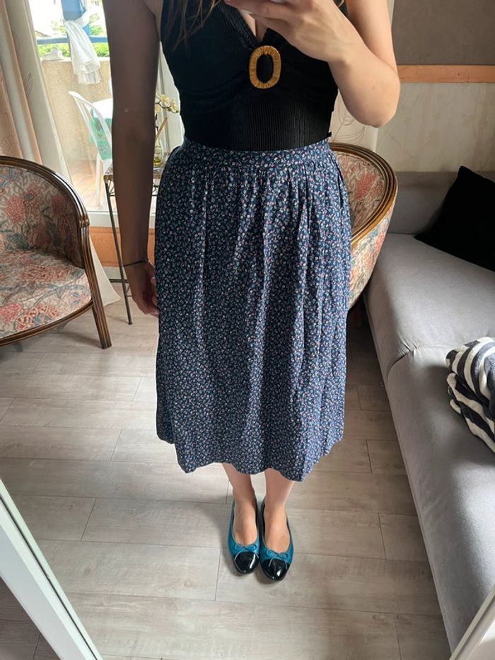 Jupe mi-longue fleurie bleue vintage bohème champêtre - photo numéro 2