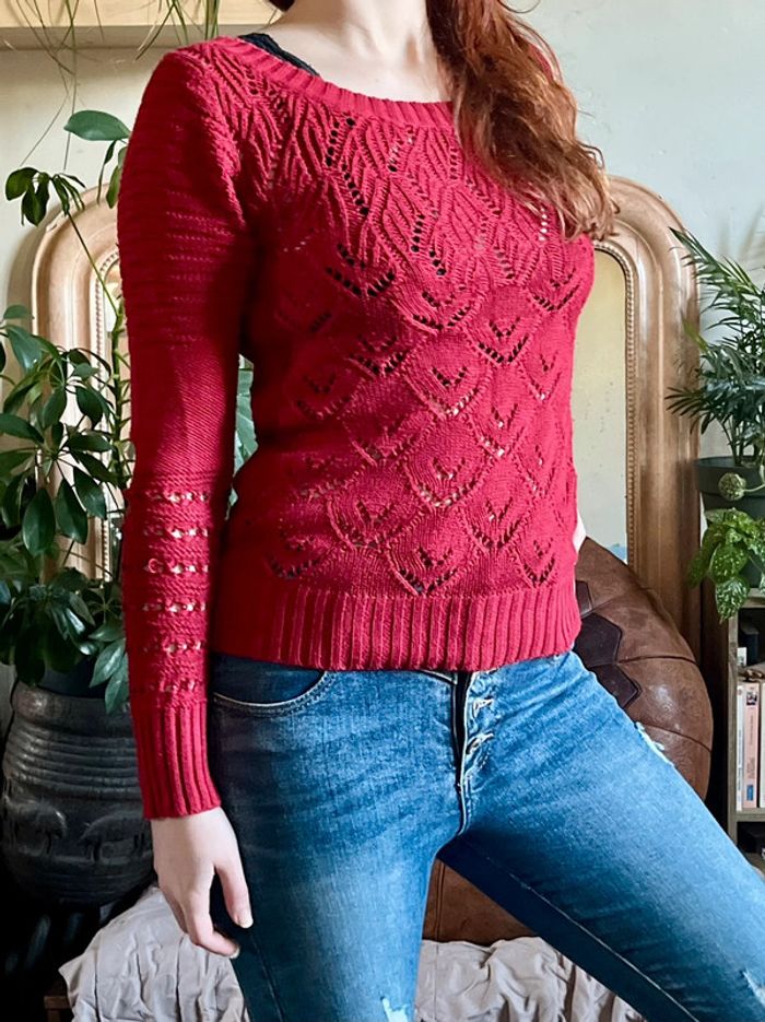 Haut manches longues type dentelle - rouge foncé - photo numéro 2