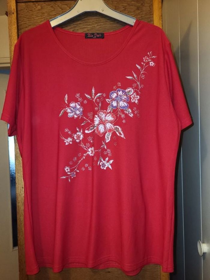 blouse tunique rouge imprimé argentées fleurs t 42