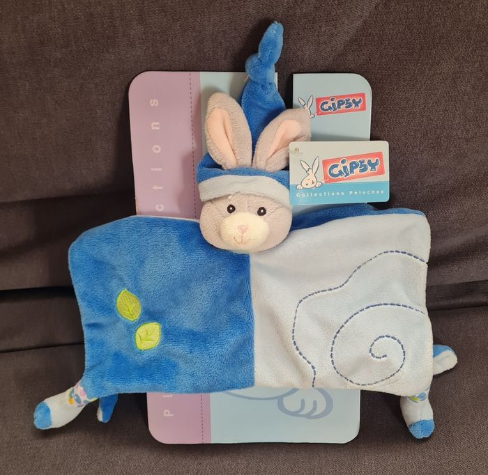 Doudou Lapin carré plat bleu- Feuilles vertes - Gipsy