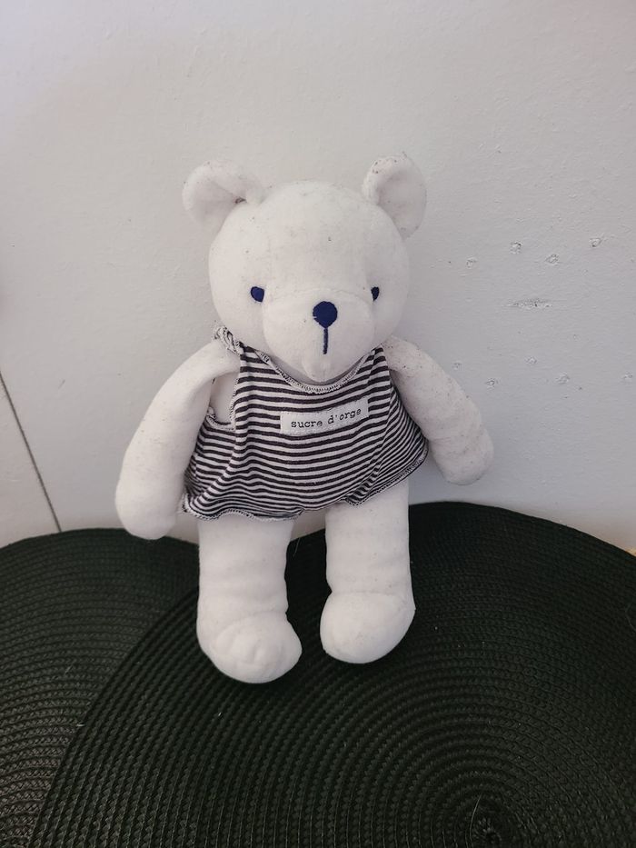 Doudou Ours blanc salopette rayé bleu Marine Sucre d'orge - photo numéro 3