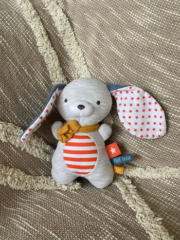 Peluche doudou 18cm tape à l’œil lapin gris bleu et orange étoile rayures très bon état