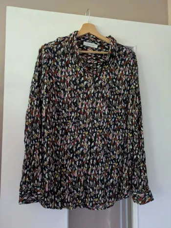 Magnifique haut blouse chemisier femme Promod taille 42/44 bleu marine motifs et fils dorés & argent